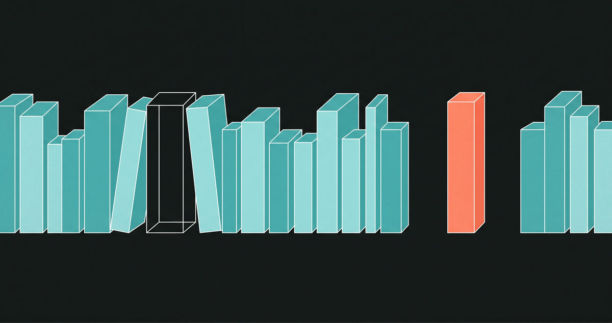 An abstract illustration on a near-black ground: a packed row of teal blocks, one of them drawn as a hollow outline with the blocks on either side leaning in over it, and one solid coral block further along the row with clear space on both sides.