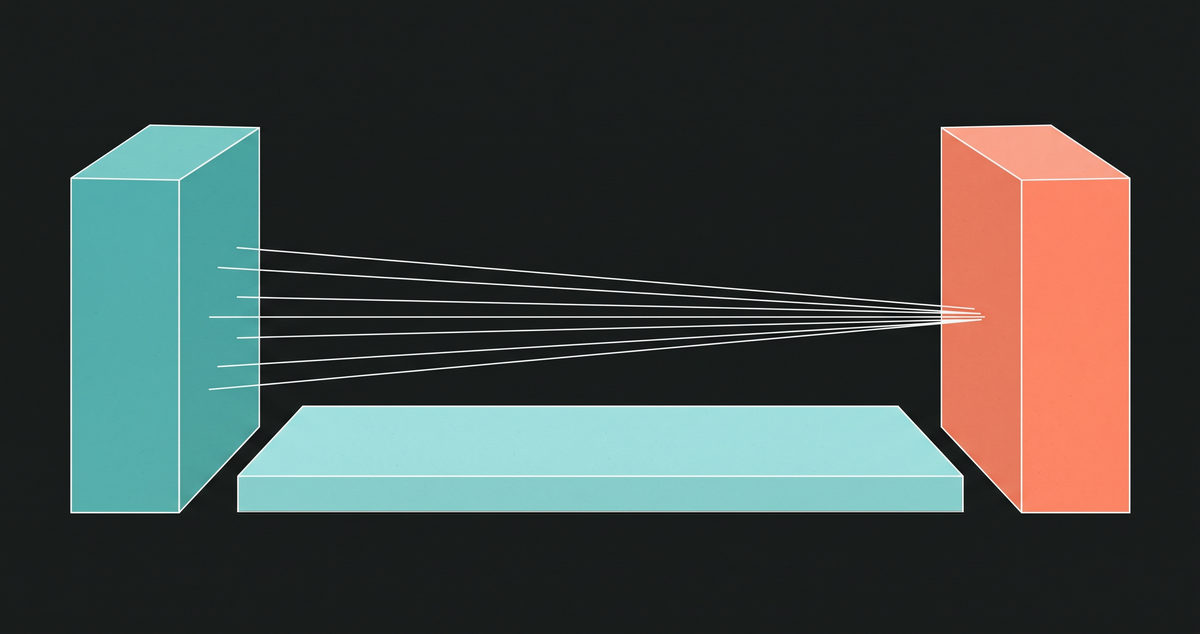 An abstract illustration on a near-black ground: a teal block on the left, a bare flat slab between, and thin white lines crossing the empty slab to land on a coral block standing alone on the right.