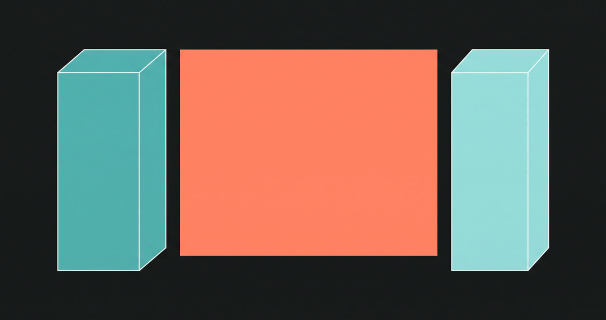 An abstract illustration on a near-black ground: two upright teal blocks standing apart, with a large flat coral rectangle filling the space between them.
