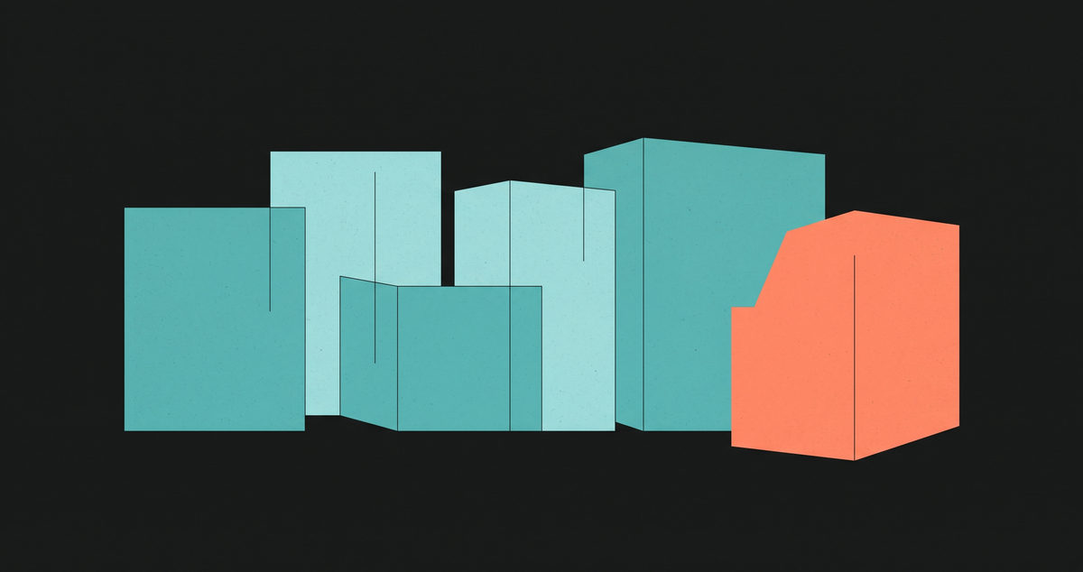 An abstract illustration on a near-black ground: a close group of teal blocks, and one coral block set apart to the right, its lower corner cut away where the group has expanded into the space.