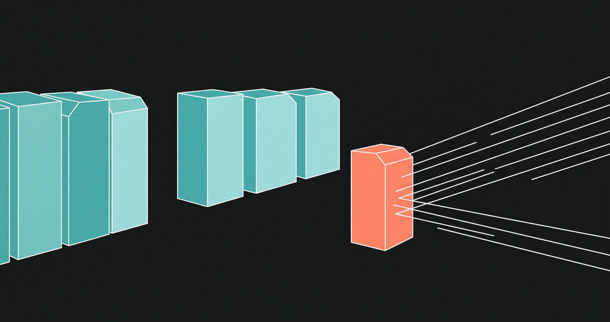An abstract illustration on a near-black ground: a row of teal blocks with a gap in it, and a coral block standing apart and in front, where a set of thin white diagonal lines comes to a stop.